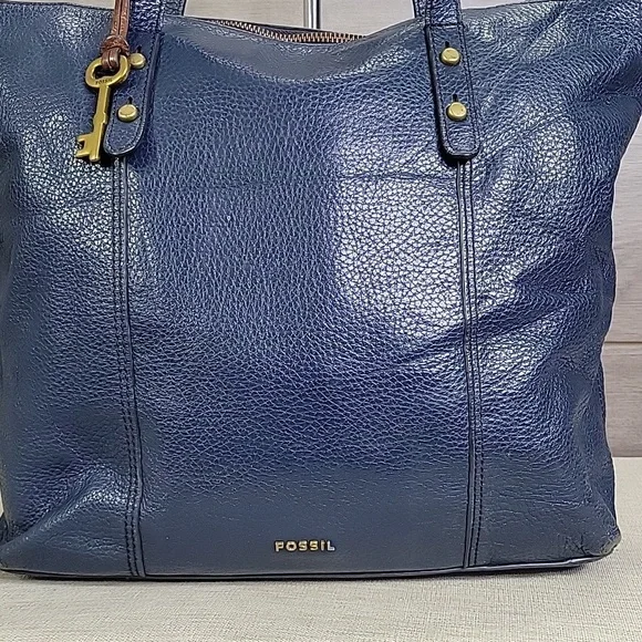Fossil Blue Leather Tote Shoulder Bag Handbag Purse - Picture 2 of 14